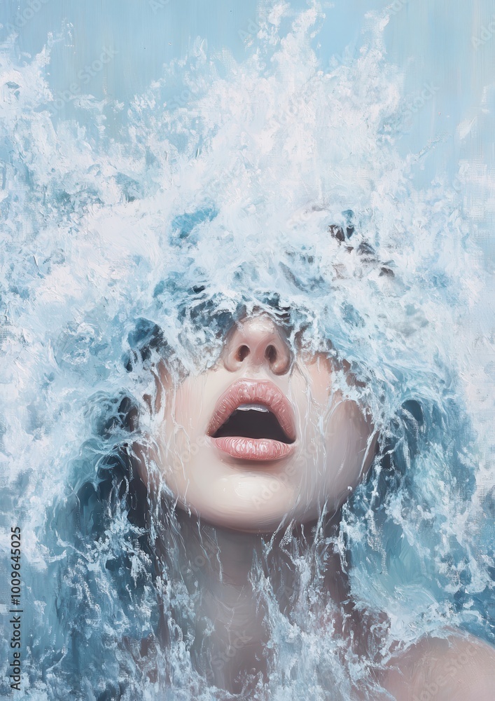 beautiful woman's head is covered with waves, her lips open and painted in oil on canvas beautiful woman's head is covered with waves, her lips open and painted in oil on canvas