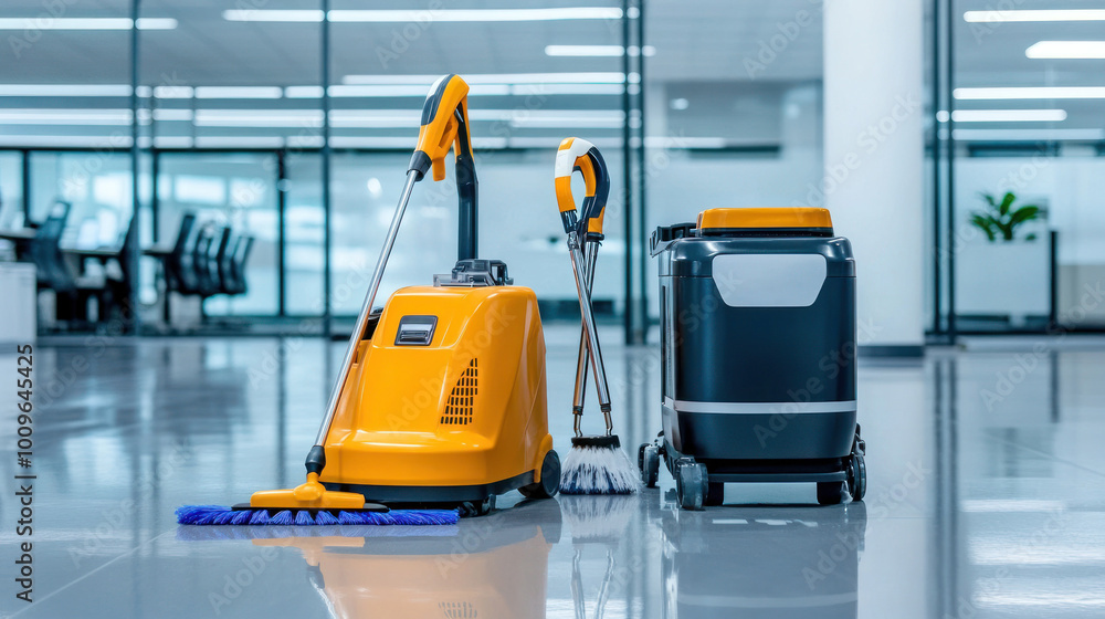 Efficient yellow floor cleaner in a modern office Efficient yellow floor cleaner in a modern office