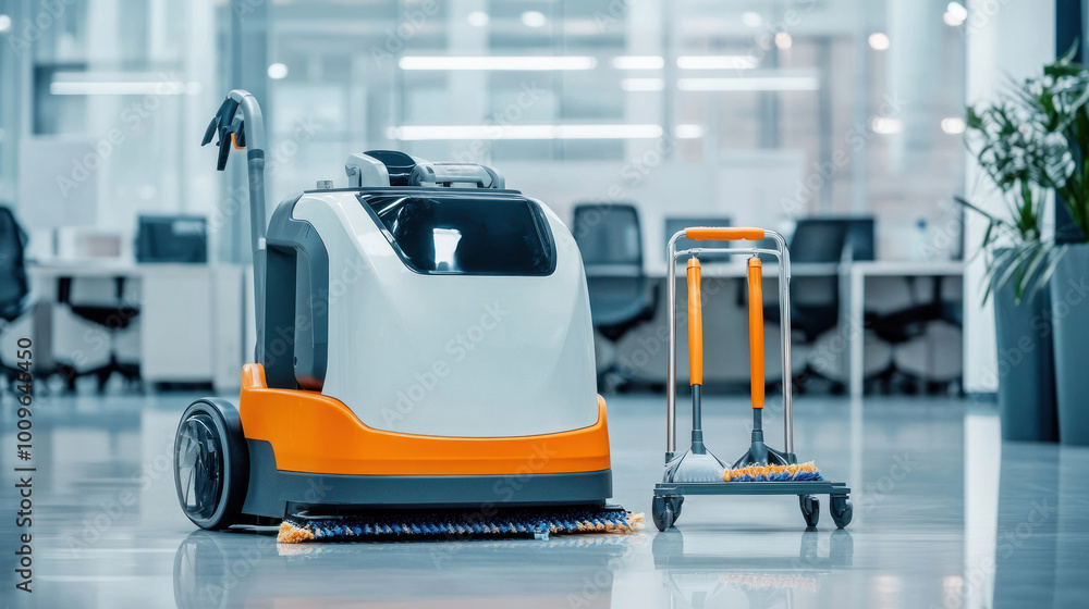 High-tech floor cleaner in an open workspace High-tech floor cleaner in an open workspace