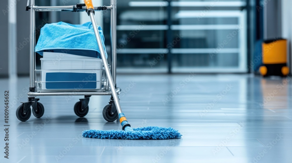 Fototapeta premium Blue mop and cleaning cart on a shiny tiled floor