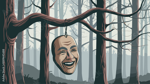 A surreal illustration of a laughing mask.