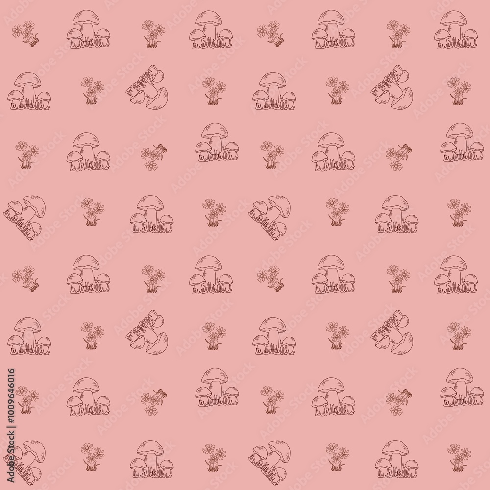 Seamless sketch pattern with outline mushrooms and daisy flowers repeated pink background. The design creates a feeling of a forest fairy tale and is perfect for textiles, wallpaper or packaging. Seamless sketch pattern with outline mushrooms and daisy flowers repeated pink background. The design creates a feeling of a forest fairy tale and is perfect for textiles, wallpaper or packaging.