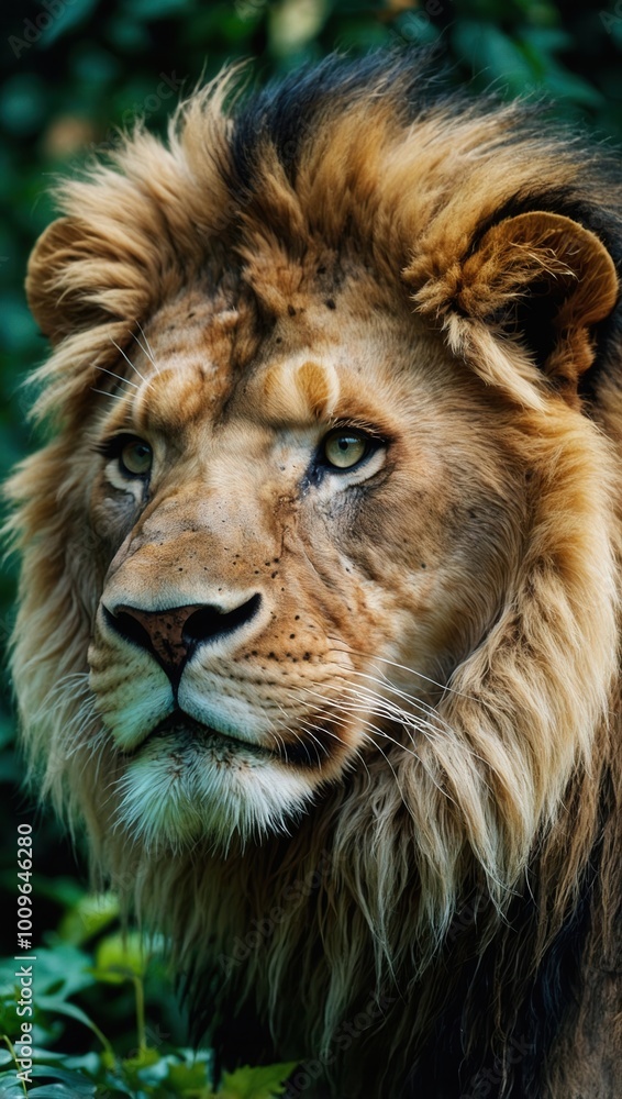 Close-up portrait of lion in wild forest environment Close-up portrait of lion in wild forest environment