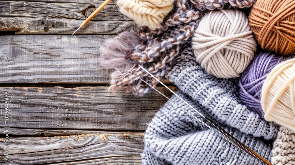 Fototapeta premium knitting yarn and needles on a wooden background