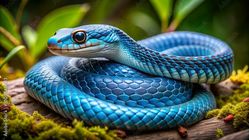Fototapeta premium Blue Racer Snake Coiled in Natural Habitat with Vibrant Scales and Intricate Patterns Displayed