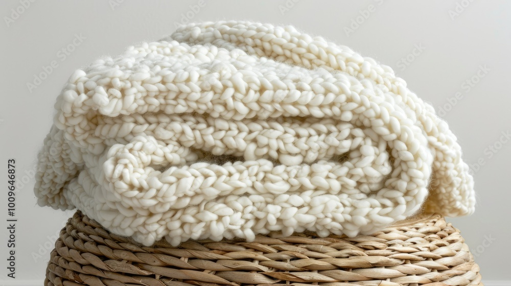 an ivory-knitted blanket draped over the edge of a stool an ivory-knitted blanket draped over the edge of a stool