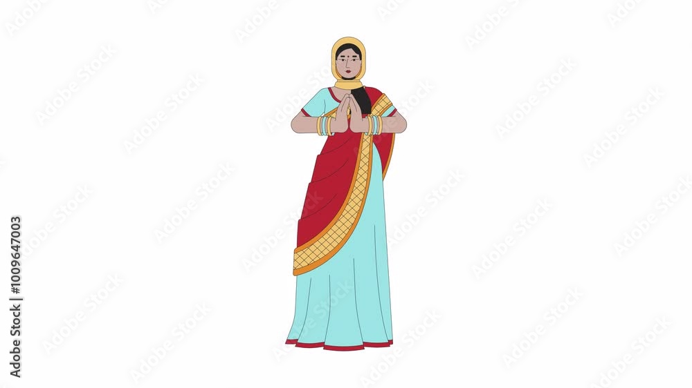 Saree young woman praying on Diwali cartoon animation. Worship of Lakshmi. Deepawali celebration 4K video motion graphic. Sari beautiful female animated 2D character isolated on white background