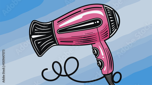 Stylized illustration of hair dryer in bold lines and vibrant colors.