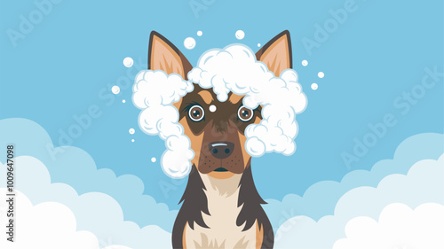 Surreal vision of dog's head transformed into cloud of shampoo suds.