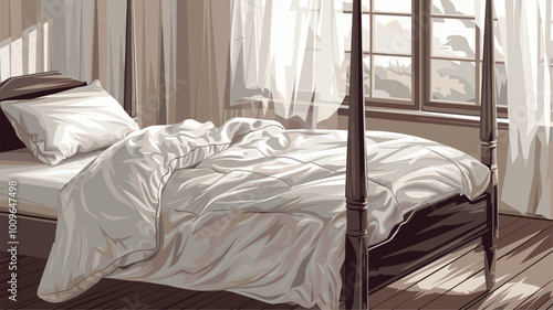 Crisp white bedding on a four-poster bed in soft morning light.