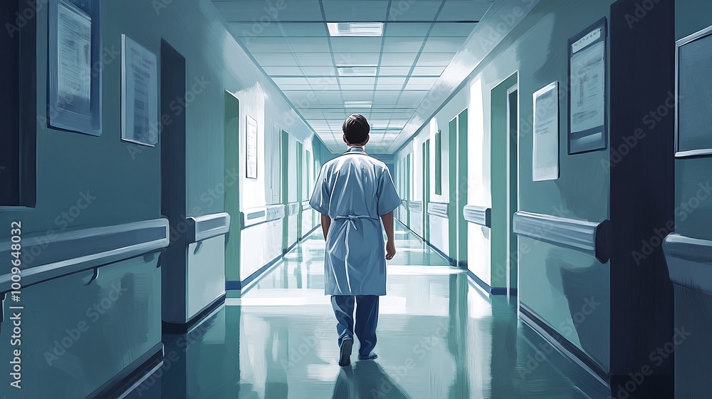 Fototapeta premium surgeon walking down a hospital hallway, wearing medical attire, prepared for patient care and treatment, representing dedication to healthcare and clinical expertise