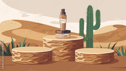 Textured sandstone podium with skincare product, cacti, and sand dunes backdrop.