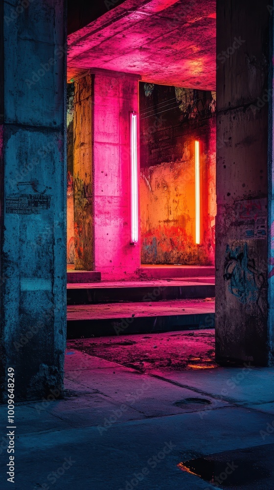 Neon Lights in Urban Concrete Setting Neon Lights in Urban Concrete Setting