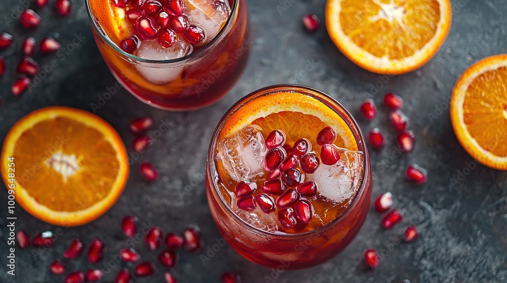Two glasses of pomegranate drink with orange slices on a gray surface Two glasses of pomegranate drink with orange slices on a gray surface