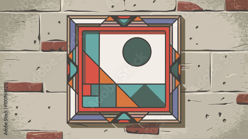 Stylized illustration of picture frame in geometric shapes on textured wall.