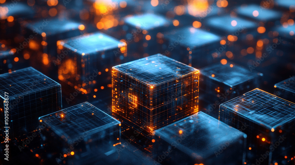 Abstract geometric AI processing data visualized as holographic cubes Abstract geometric AI processing data visualized as holographic cubes