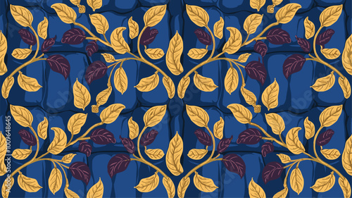 Close-up of lavish golden and burgundy leaf pattern on royal blue velvet.