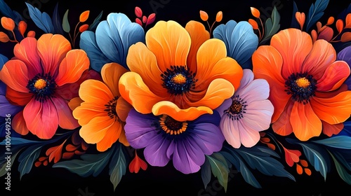 Wallpaper Mural A vibrant painting of colorful flowers set against a deep black background, showcasing their beauty and contrast. Torontodigital.ca