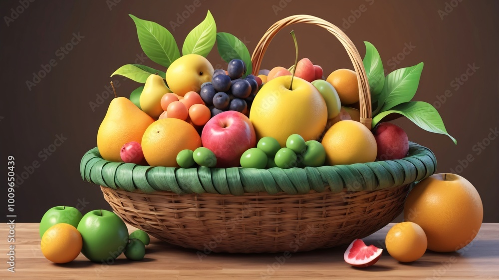 Organic fruits, vibrant and juicy, in a wicker basket Organic fruits, vibrant and juicy, in a wicker basket