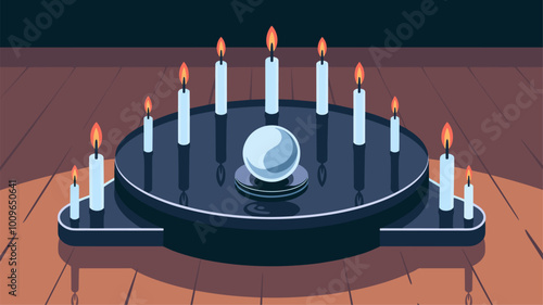 Black agate podium reflecting candle flames, showcasing a crystal ball.