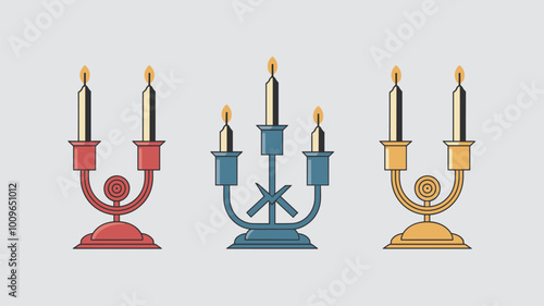 Stylized illustration of metal candle holders in bold lines and contrasting colors.