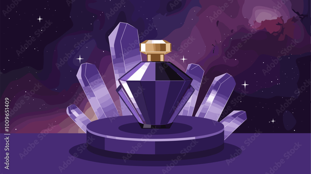 Crystal quartz podium showcasing perfume bottle against nebulae and stars backdrop.