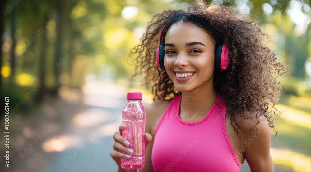 A smiling woman with curly hair enjoys music through headphones while holding a drink. A smiling woman with curly hair enjoys music through headphones while holding a drink.