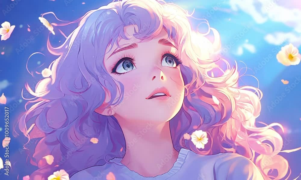 Girl with curly pastel pink hair gazes upwards video lofi animation. Female eyes filled with wonder animated cartoon lo-fi HD clip motion graphics 2D. Sky with floating petals concept Girl with curly pastel pink hair gazes upwards video lofi animation. Female eyes filled with wonder animated cartoon lo-fi HD clip motion graphics 2D. Sky with floating petals concept