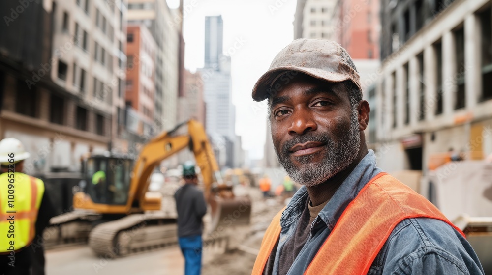A confident construction worker in a hard hat stands at a busy urban construction site. A confident construction worker in a hard hat stands at a busy urban construction site.