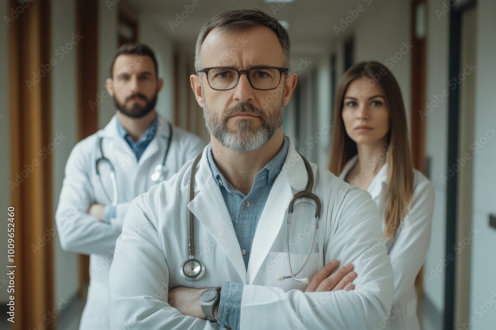 Confident Medical Team of Doctors in Hospital Corridor. Confident Medical Team of Doctors in Hospital Corridor.