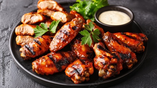 Delicious grilled chicken wings with fresh herbs and dipping sauce.