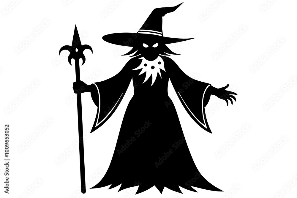 Obraz premium Little flying witch, Halloween party. A girl on a broom with a black cat and a pumpkin lantern, isolated graphics
