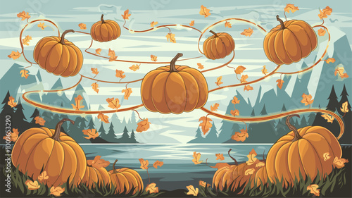 Surreal vision of floating pumpkins with glowing vines and swirling leaves.