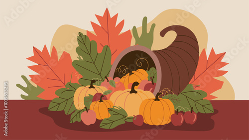 Cornucopia overflowing with pumpkins, apples, and leaves, symbolizing abundance.