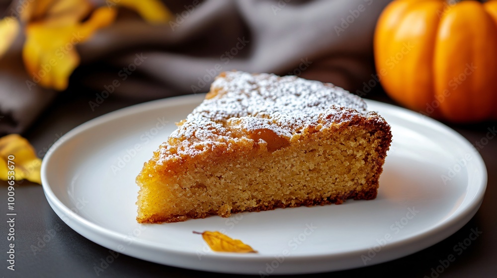 A single slice of apple cake on a plain white plate, with a simple pumpkin decoration nearby and warm autumn tones creating a cozy yet minimalist mood A single slice of apple cake on a plain white plate, with a simple pumpkin decoration nearby and warm autumn tones creating a cozy yet minimalist mood