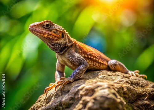 Brown Lizard Sunbathing on a Rock in a Natural Habitat with Green Background and Clear Details