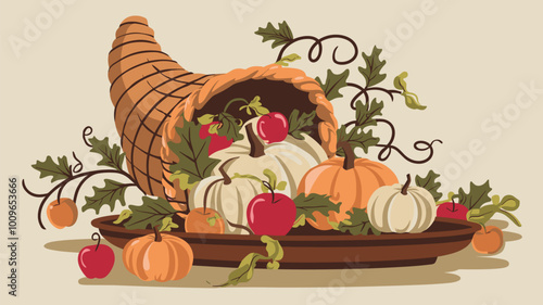 Cornucopia overflowing with pumpkins, apples, and leaves, symbolizing abundance.