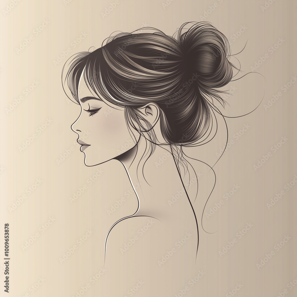 Elegant female profile with updo hairstyle in sepia tones illustration Elegant female profile with updo hairstyle in sepia tones illustration