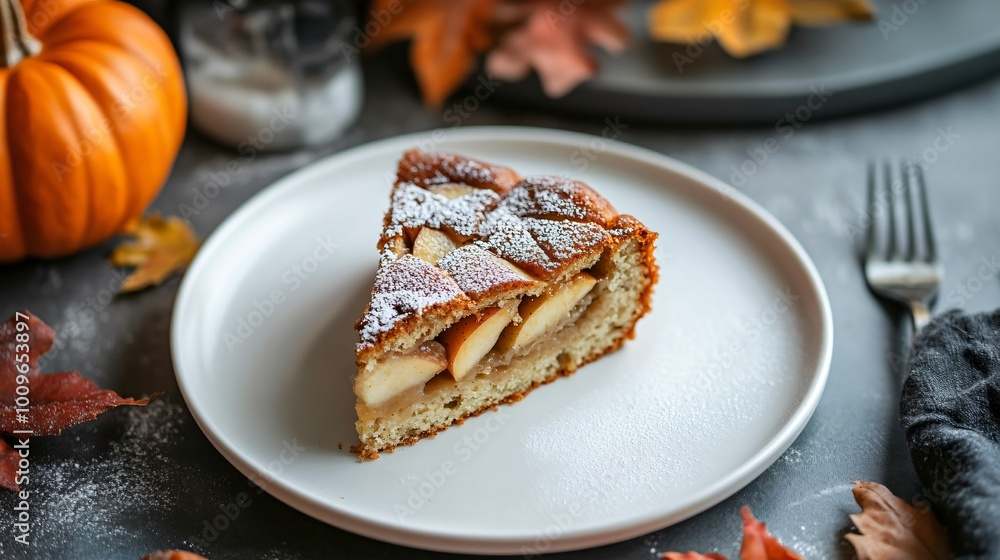 A single slice of apple cake on a plain white plate, with a simple pumpkin decoration nearby and warm autumn tones creating a cozy yet minimalist mood A single slice of apple cake on a plain white plate, with a simple pumpkin decoration nearby and warm autumn tones creating a cozy yet minimalist mood