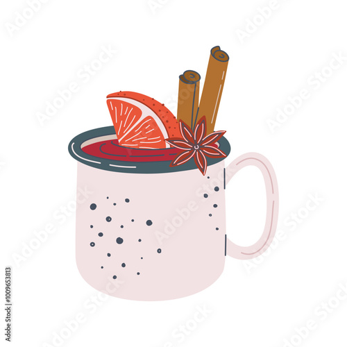 Mulled wine with cinnamon sticks, orange slice and star anise. Warm spice alcohol drink. Autumn and Winter traditional tipple. Hand drawn flat design vector illustration.
