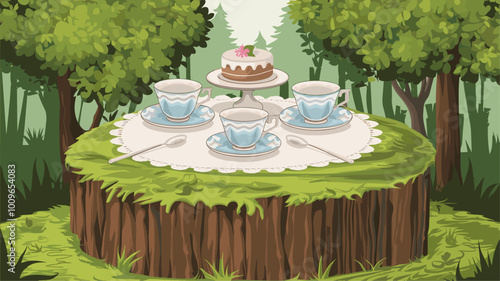 Miniature tea party scene with vintage teacups and saucers on moss-covered log.