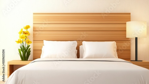 Cozy bedroom interior with wooden headboard, pillows, lamp, and flower arrangement.