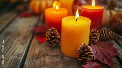 Bright yellow and orange candles arranged on a rustic wooden table, with pinecones, small pumpkins, and deep crimson leaves as accents in a cozy atmosphere