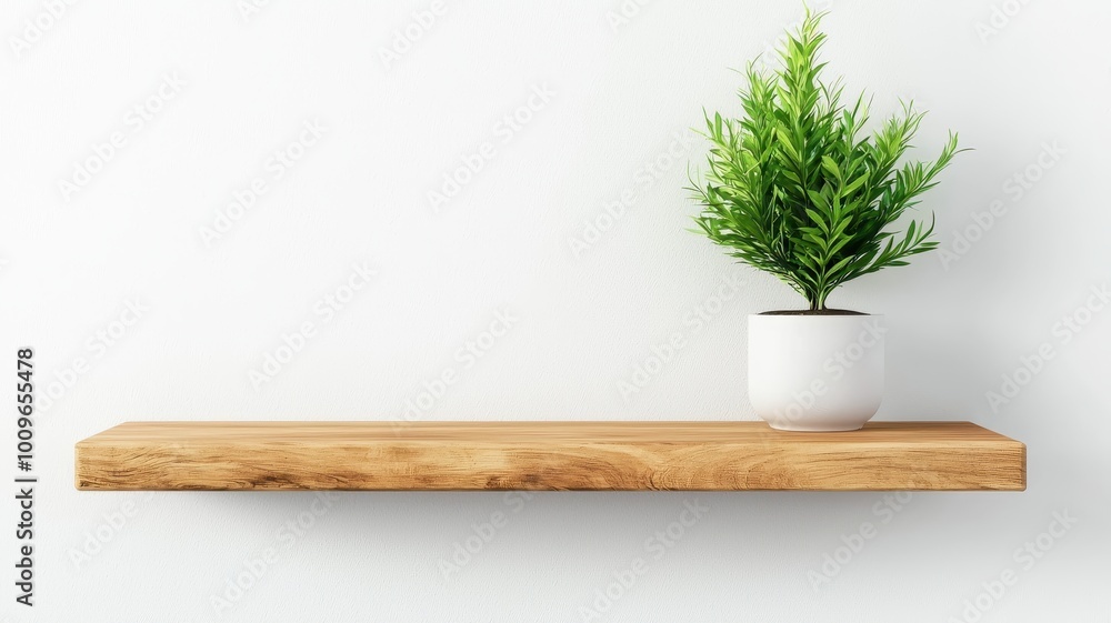Green plant in a white pot on a wooden shelf with a white background. Green plant in a white pot on a wooden shelf with a white background.