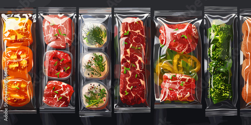 A row of plastic bags with various meats and vegetables inside. The bags are all different colors and sizes, and they are arranged in a neat row. Concept of organization and order