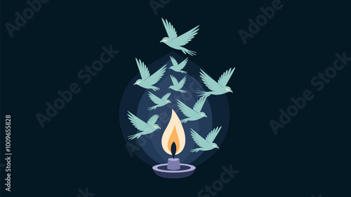 Surreal vision of candle flame transforming into luminous birds.