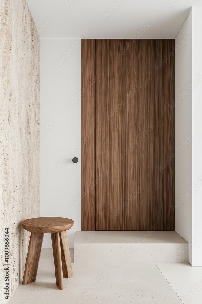 Modern interior with wooden door and minimalist stool against a neutral backdrop. Modern interior with wooden door and minimalist stool against a neutral backdrop.