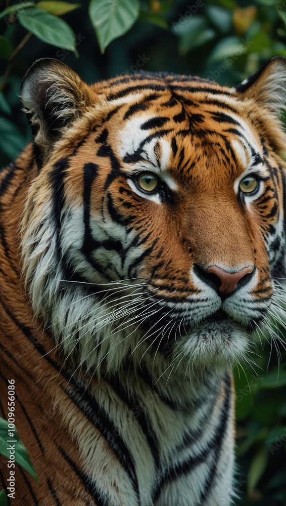 Close-up of tiger in lush green jungle with sharp gaze Close-up of tiger in lush green jungle with sharp gaze