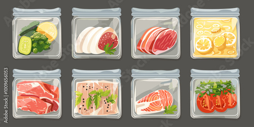 A collection of food items in clear containers, including meat, vegetables, and fruit. The containers are arranged in a row, with some containing more food than others. Scene is one of abundance
