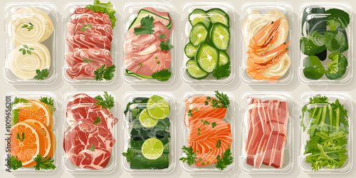 A collection of food items in plastic containers, including meat, vegetables, and fruit. Concept of abundance and variety, with a focus on healthy and nutritious options